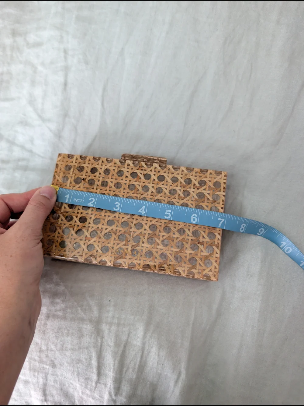 NWT RAMLA Rattan Cane Acrylic Box Clutch Crossbody Bag Brown Clear